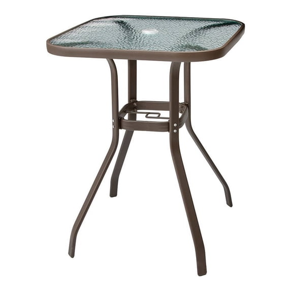 Pellebant Patio Bar Table Outdoor Metal & Glass Table with Umbrella Hole in Brown
