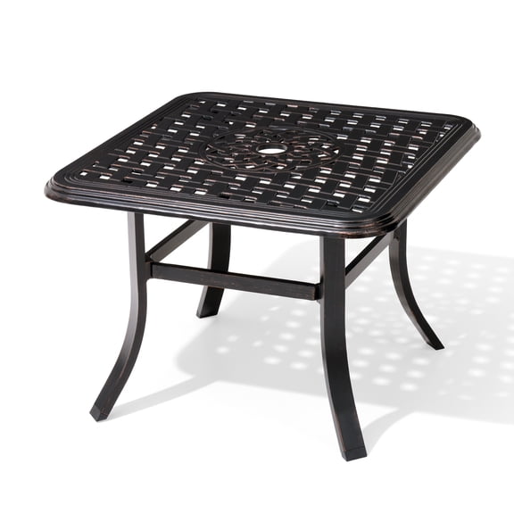 Pellebant Patio Side Table Cast Aluminum  Outdoor Square Table with Umbrella Hole Black
