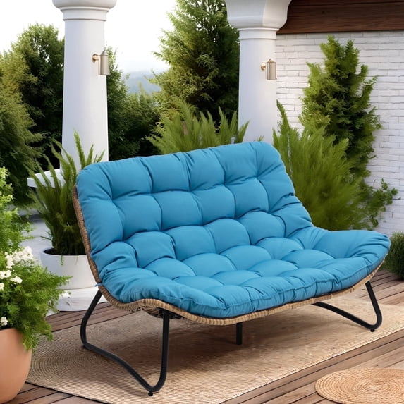 Pellebant Patio Loveseat Sofa, 2 Seater Outdoor Couch, All-Weather Rattan Large Furniture with Soft Cushions, Blue
