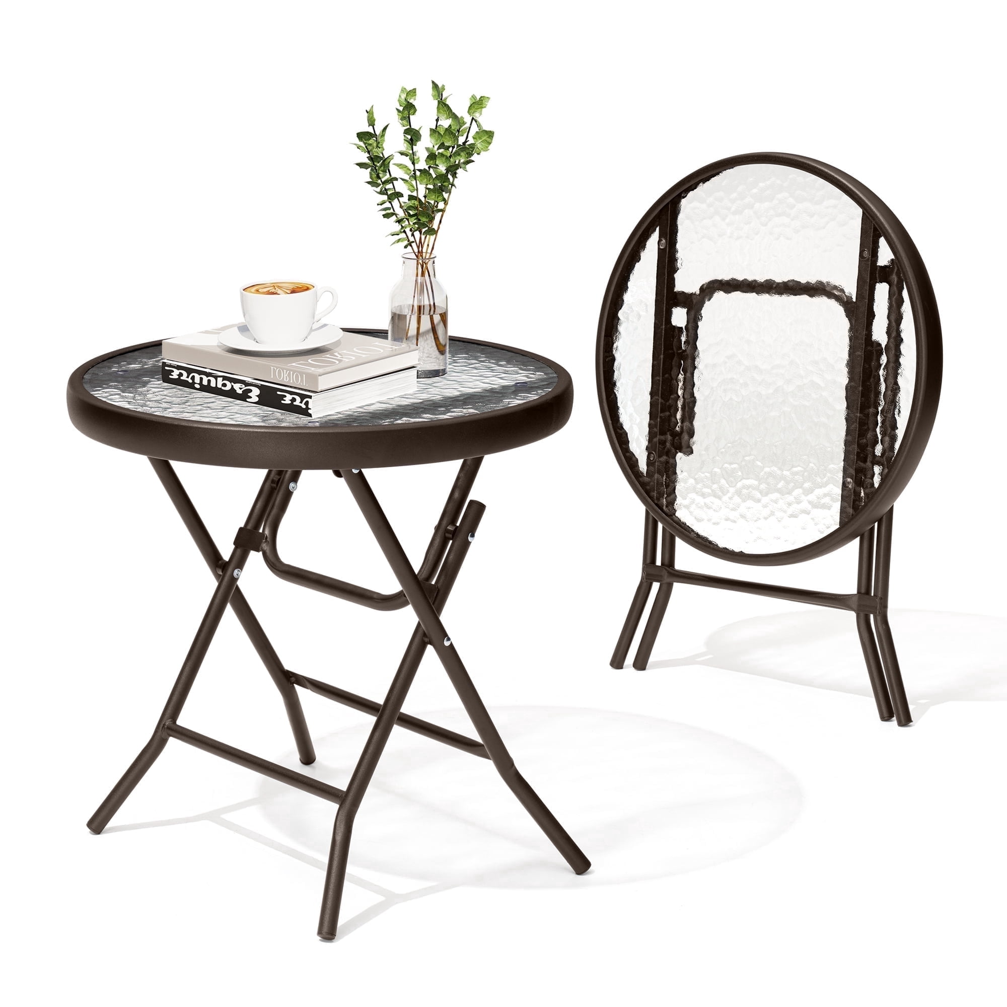Pellebant Set of 2 Outdoor Side Tables Foldable Patio Table with Tempered Glass Table Top, Brown