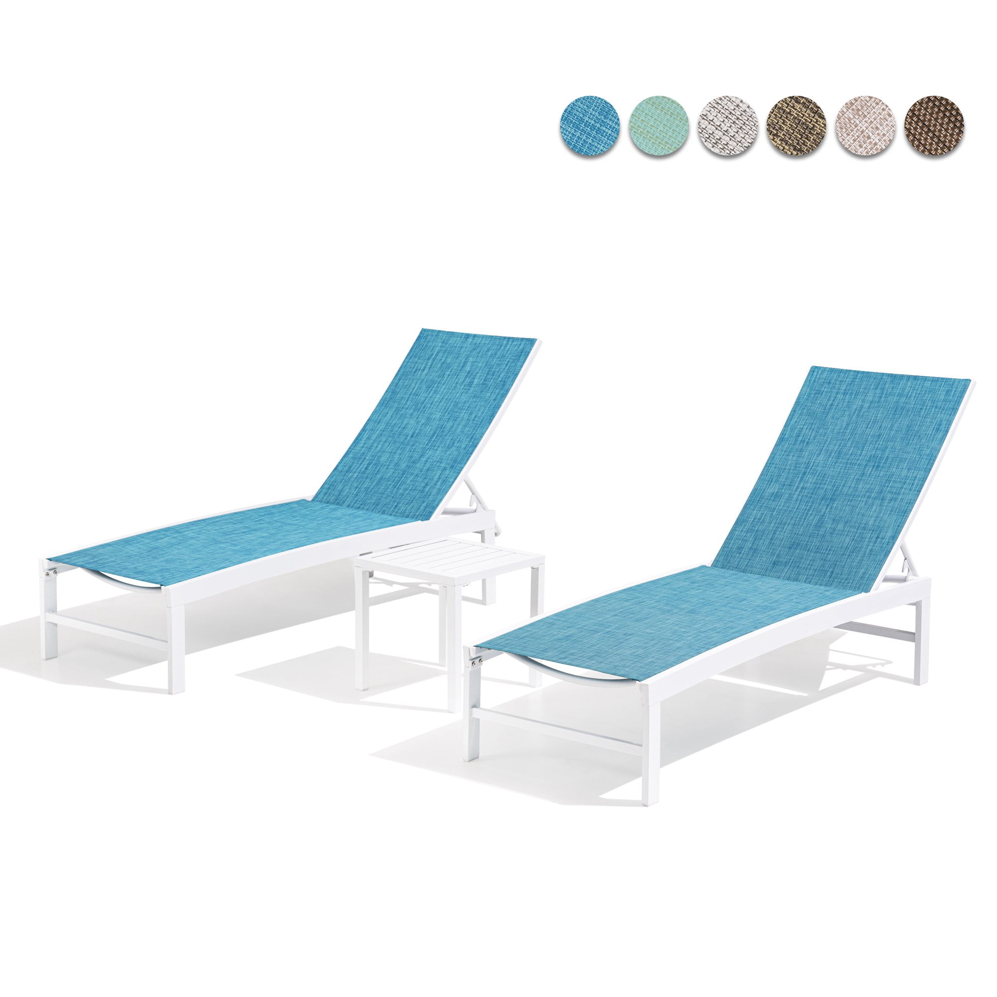74.8" Blue Fabric and White Aluminum Outdoor Chaise Lounge Set