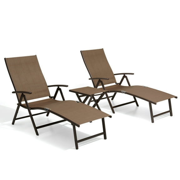 Pellebant Set of 3 Outdoor Chaise Lounge & Table Set Aluminum Patio Folding Chairs,Brown