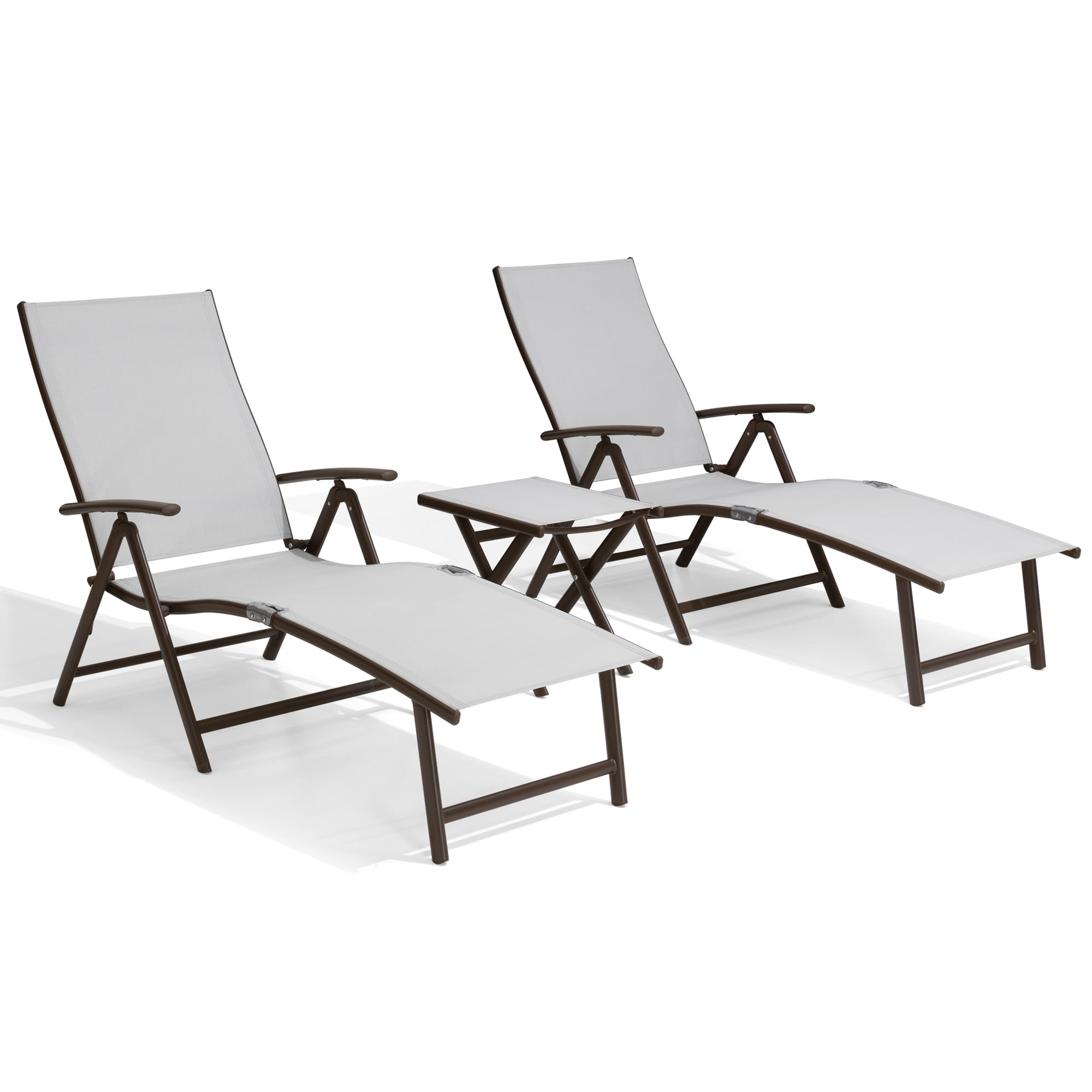 Light Gray Aluminum Outdoor Chaise Lounge Set with Folding Table
