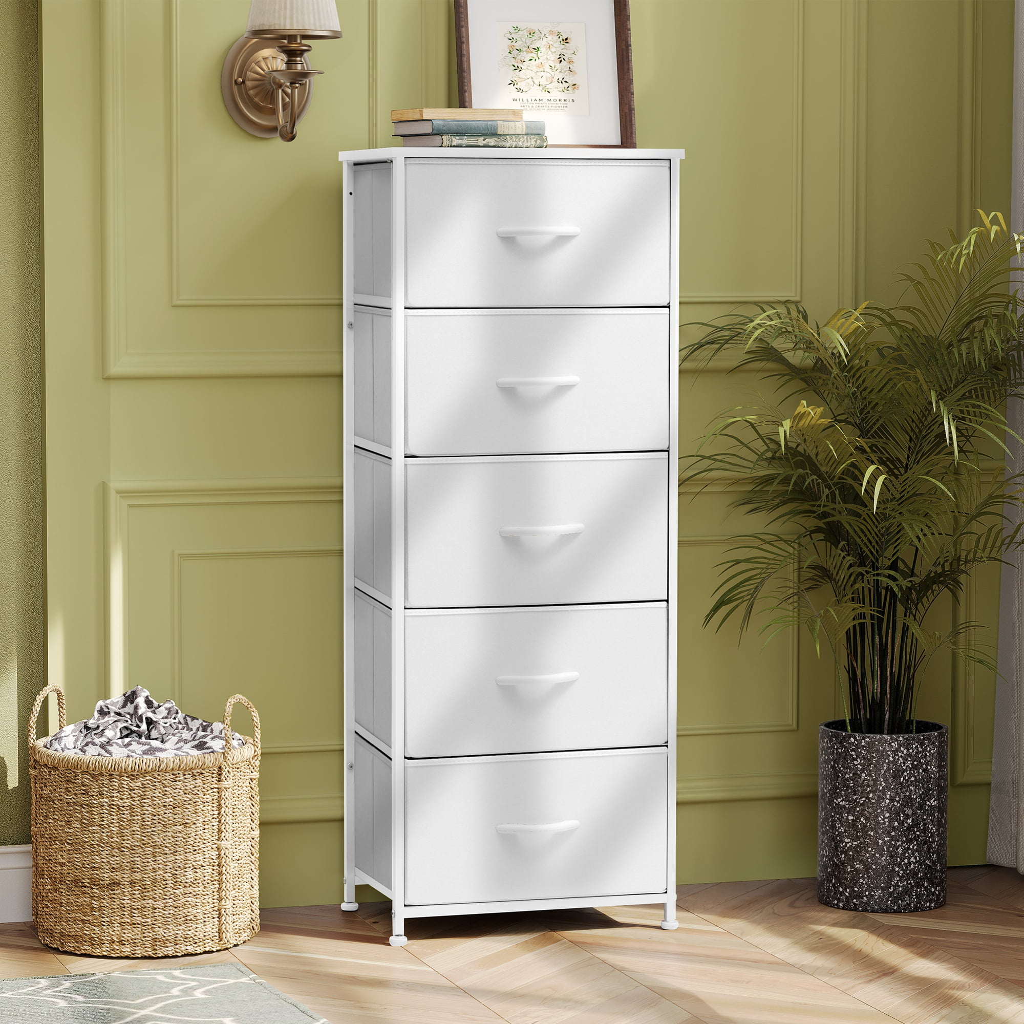 Pellebant White 5Drawer Dresser, Slim Bedroom Storage Tower Chest with
