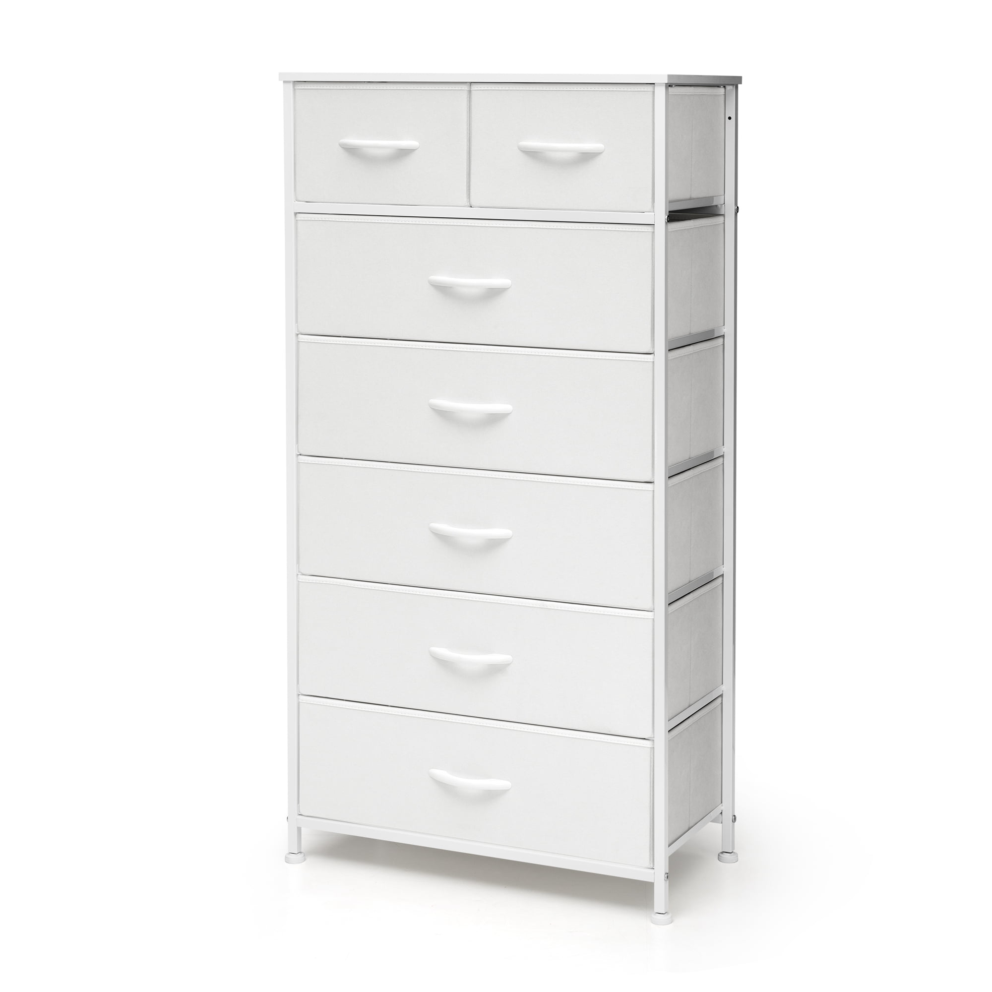 White Vertical Dresser Storage Tower with 7 Drawers and Steel Frame