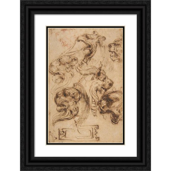 Pellegrino Tibaldi 17x24 Black Ornate Framed Double Matted Museum Art Print Titled: Six Studies of Animal Heads and of a Cartouche (1527-96)