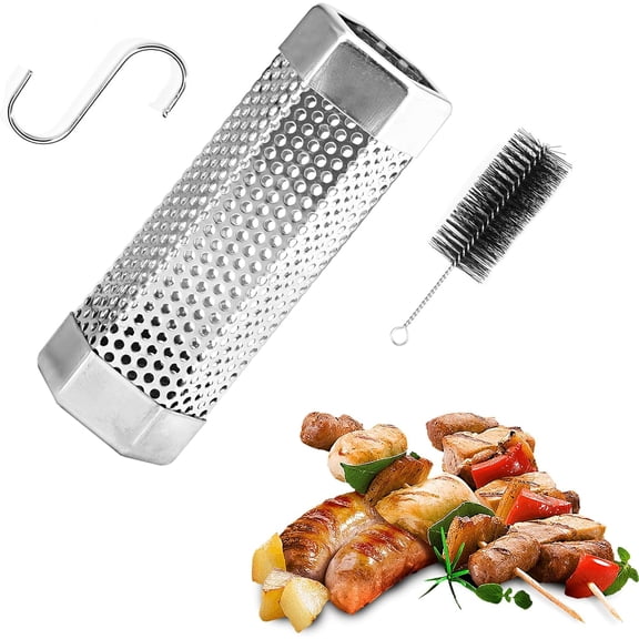 Pellet Smoker Tube,Premium Stainless Steel Portable Barbecue Smoking Tube,5 Hours of Billowing Smoke - Hot or Cold Smoking,6'' Smoker Tube with Brush and Hook for All Grill, Smoker