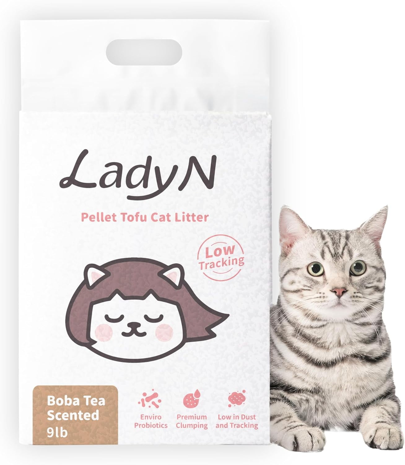 Pellet Tofu Cat Litter, Boba Tea Scent, Strong Clumping, Absorbent, Natural Food-Grade Ingredients, Dust-Free, Low Tracking, Enviro-Probiotic Odor Control, Water-Soluble (9lb)