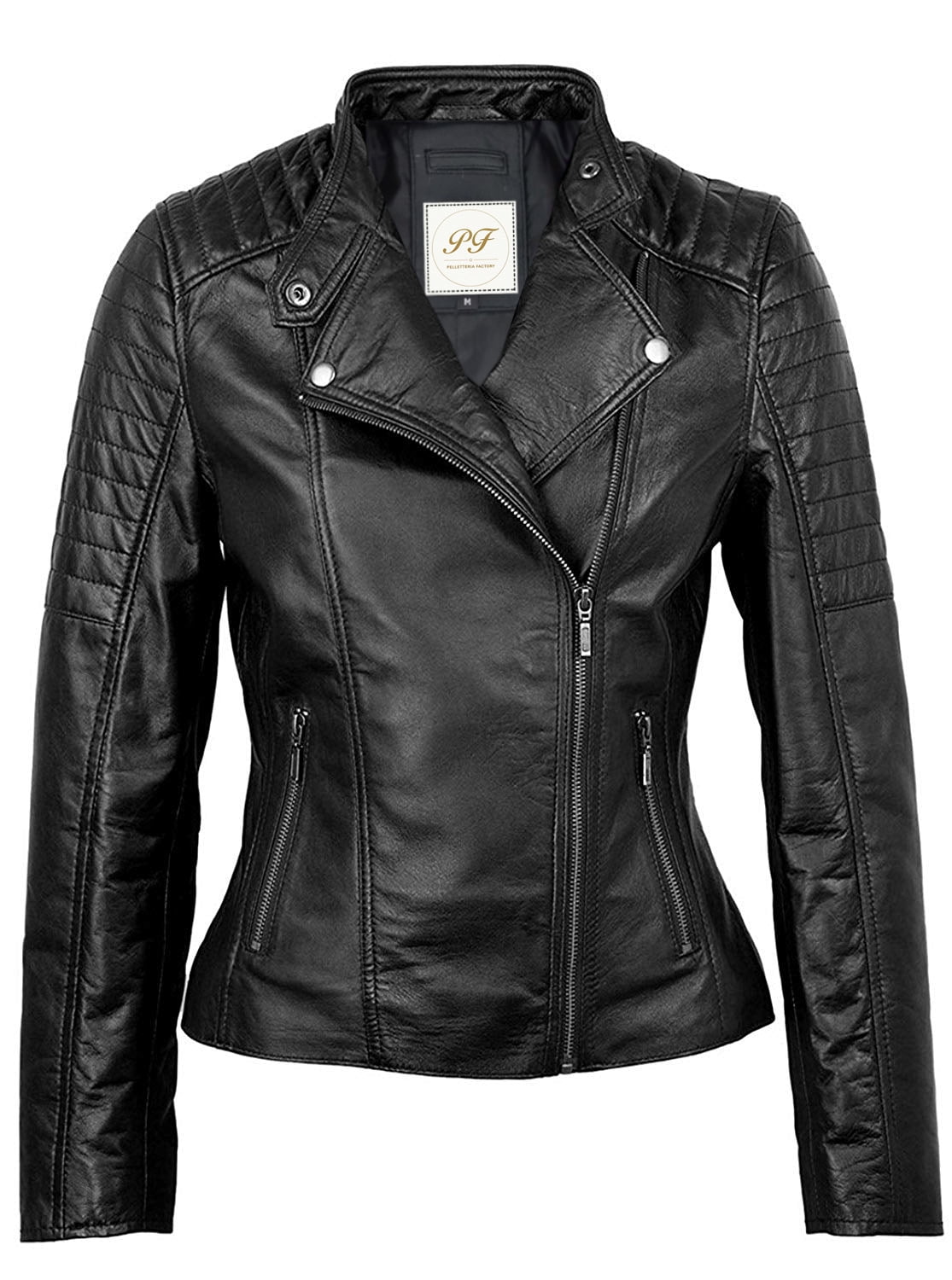 Pelletteria Factory Notch Collar Quilted Faux Leather Jacket for Women