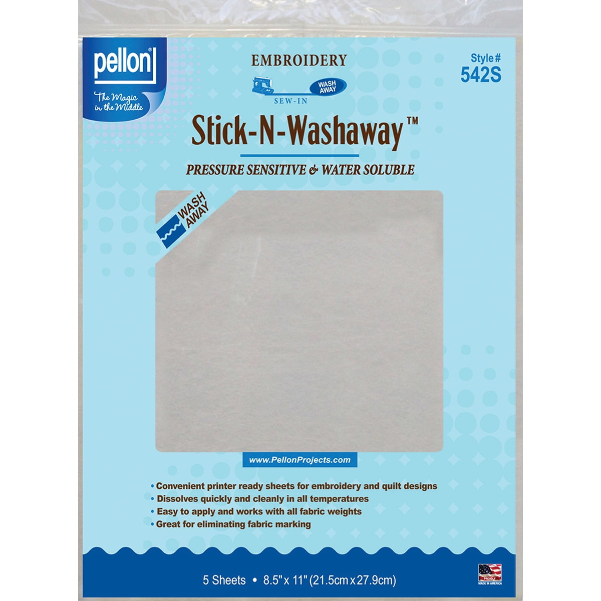 Pellon Stick-N-Washaway Embroidery Stabilizer 5-pkg-white 8.5X11