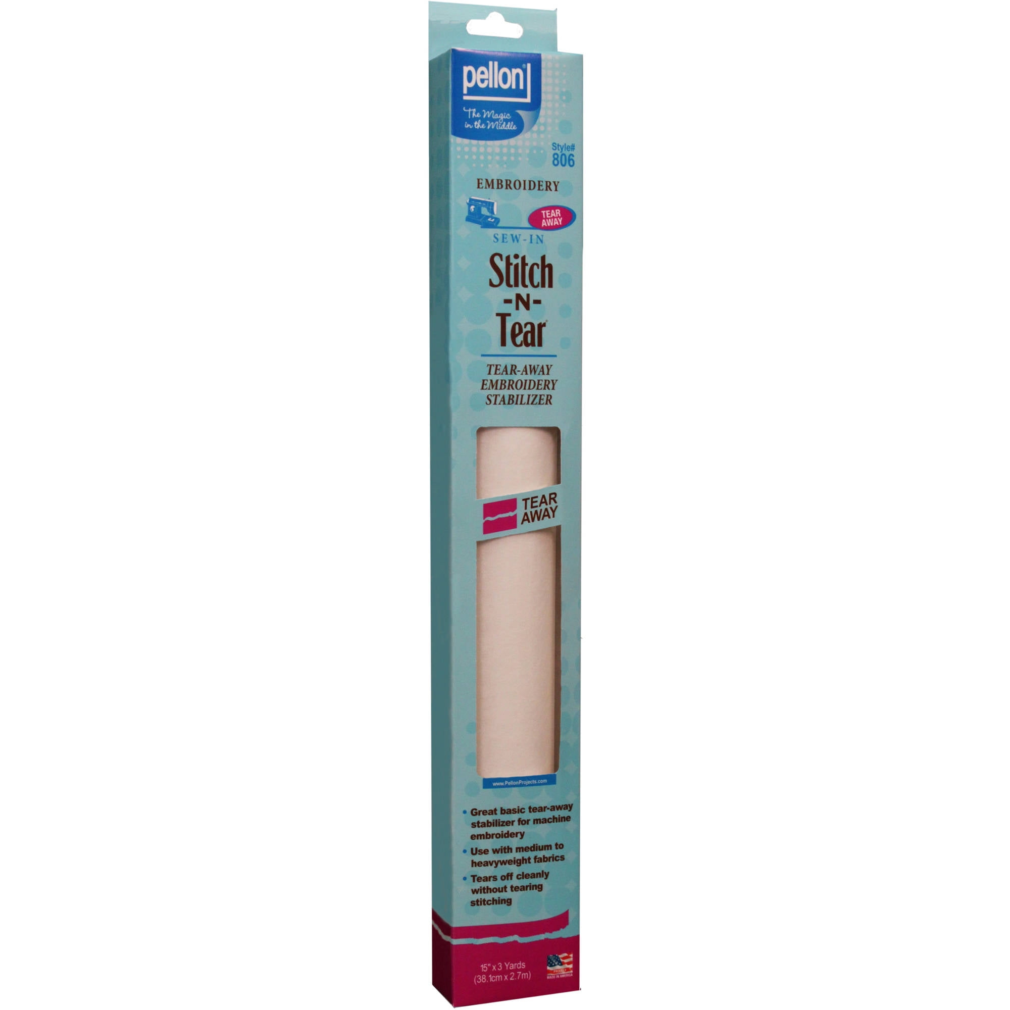 Pellon 806 Stitch-N-Tear Fabric Stabilizer, White 15" x 3 Yards Precut Package
