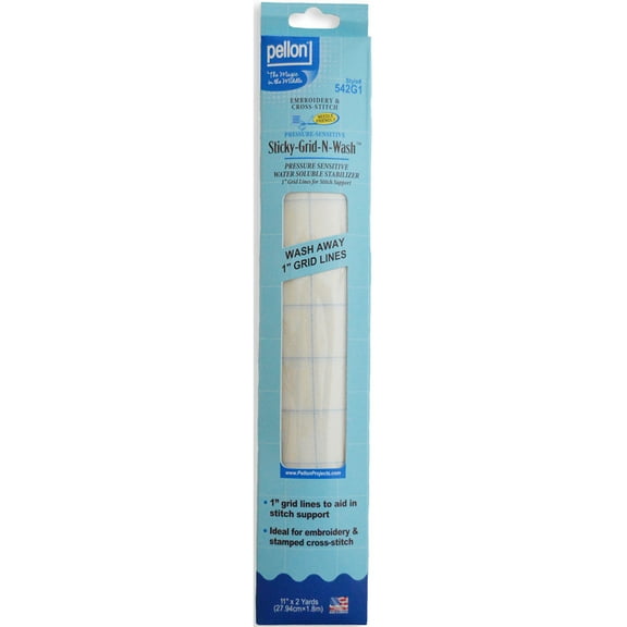 Pellon Sticky-Grid-N-Wash Embroidery Fabric, White 11" x 2 Yards Precut Yarn Weight Medium