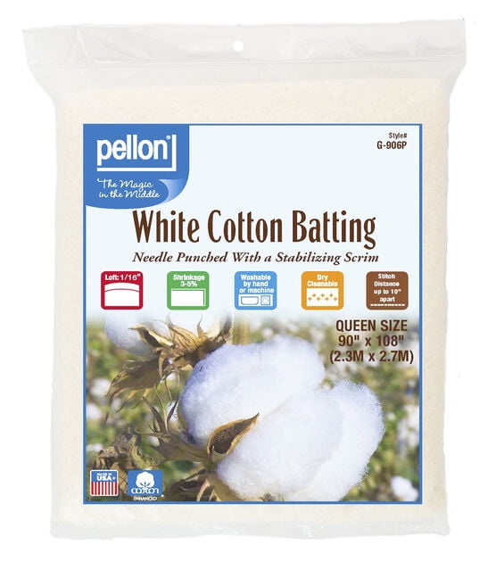 Pellon White Cotton Quilting Batting, 90" x 108" Queen Size Precut