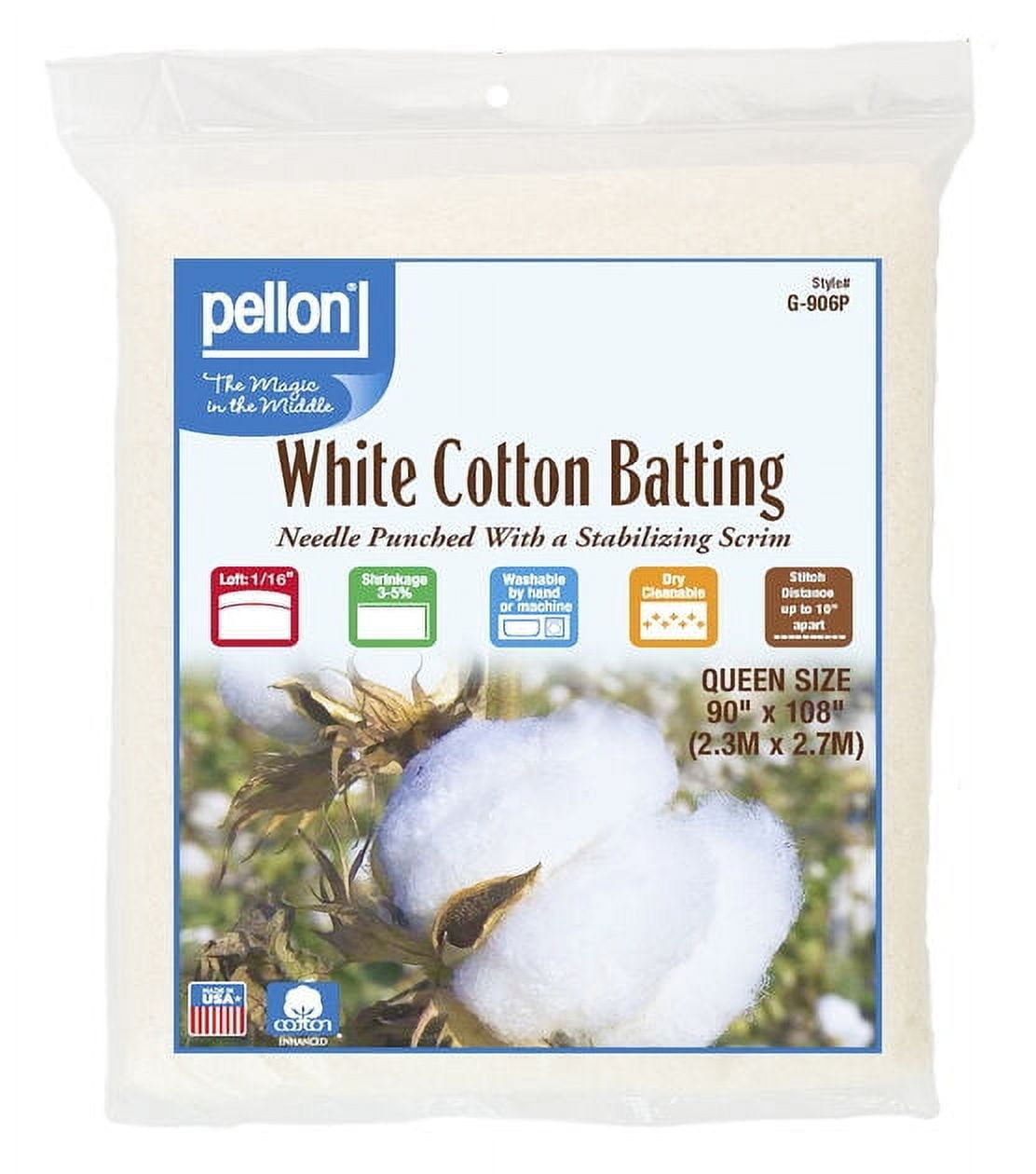 Pellon White Cotton Quilting Batting, 90" x 108" Queen Size Precut