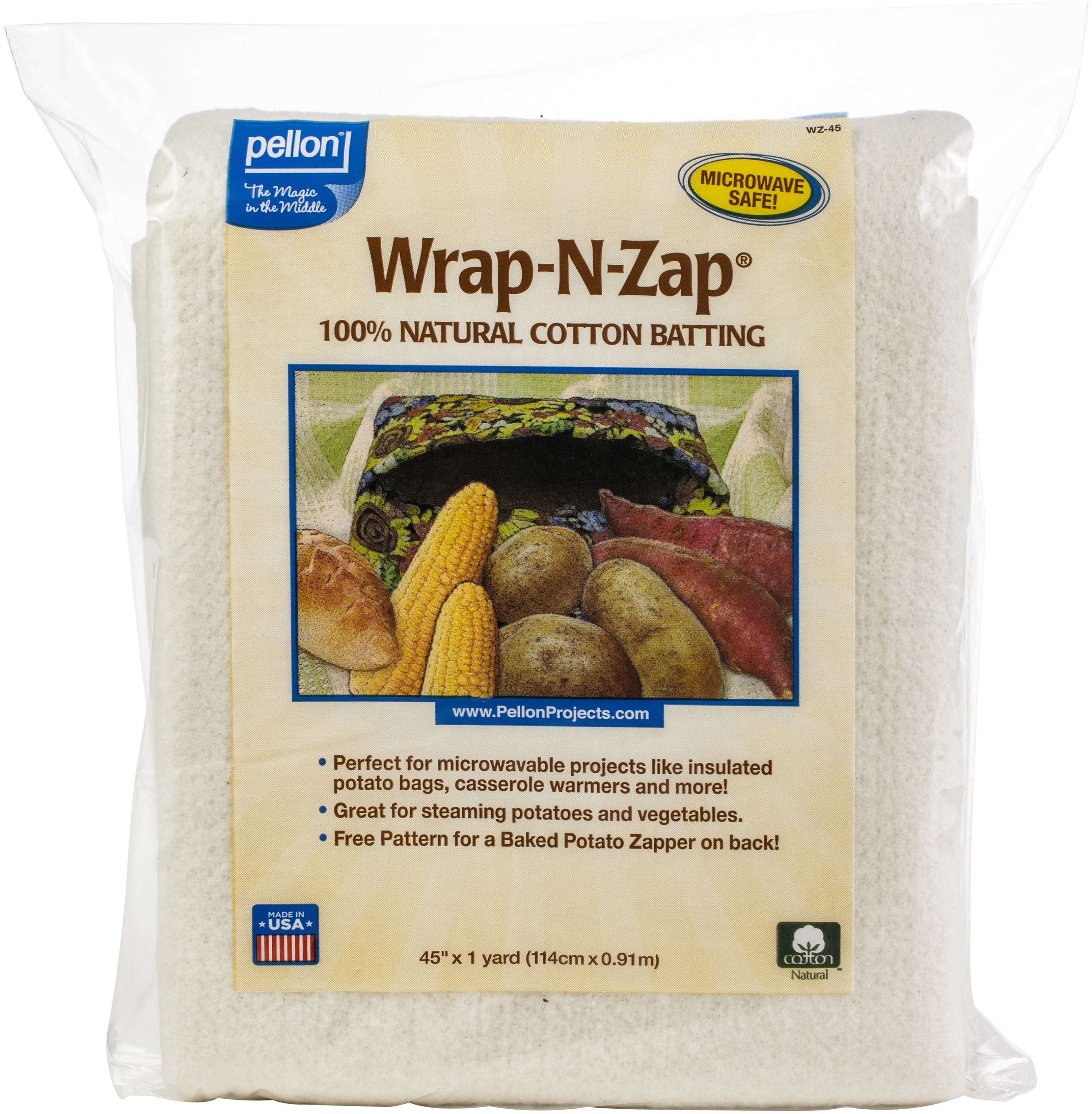 Pellon Wrap-N-Zap Microwavable Natural Cotton Batting for Crafts 45” x 36”  (1 yard pre-cut) Oven Mitts Cozies Machine Washable Low Loft