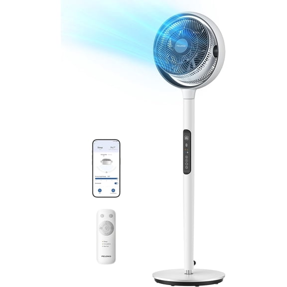 Pelonis Adjustable Pedestal Fan, 9 Speed, Oscillation, Quiet, Smart, Remote, 50-53.5", White