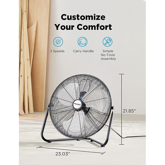 Pelonis Fan 20 Inch Floor Fan | Heavy Duty All Metal High Velocity Floor Fan with 3-Speeds| Adjustable Tilting Head | Quickmount Bracket for Home, Industrial, and Commercial Use