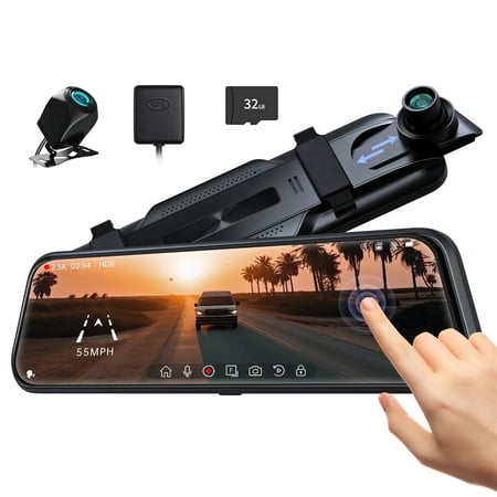 Pelsee 10" 2.5K Mirror Dash Cam, Touch Screen Front and Rear View Camera, Free 32GB Card, 24H Parking Monitor, Voice Control, Blind-spot Monitoring Systems with GPS Antenna