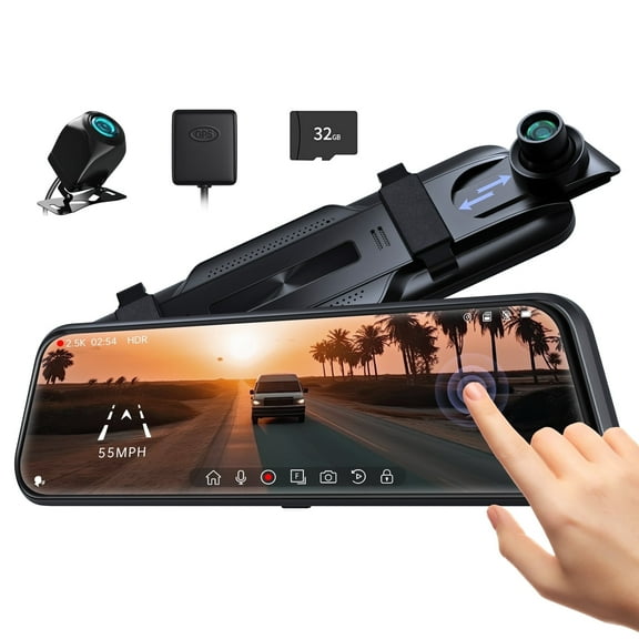 Pelsee 10" 2.5K Mirror Dash Cam, Touch Screen Front and Rear View Camera, Free 32GB Card, 24H Parking Monitor, Voice Control, Blind-Spot Monitoring Systems with GPS Antenna