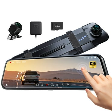 Pelsee 10" 4K Mirror Dash Cam, Touch Screen Front and Rear View Camera,  Free 32GB Card, 24H Parking Monitor, Voice Control, GPS, Dash Cam Mirror Backup Camera for Cars