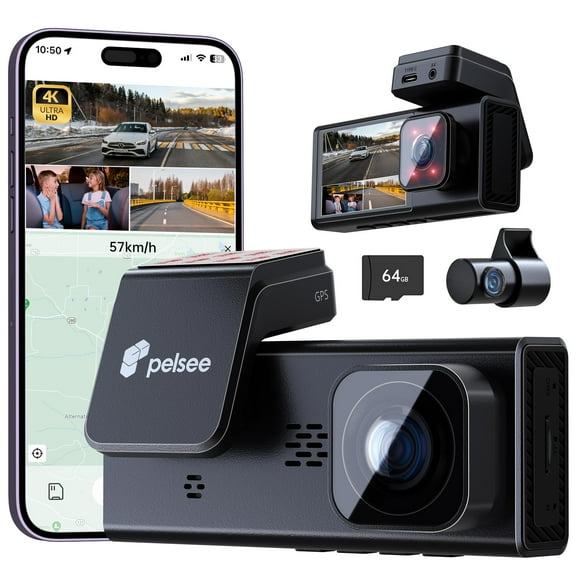 Pelsee 4K 3 Channel Dash Cam Front and Rear Inside, Dash Camera for Cars, 4K+1080P+1080P Dashcam with APP & WiFi, 64GB Card Included, Smart Driving System ADAS DMS, 24H Parking Mode,G-Sensor,256GB Ma