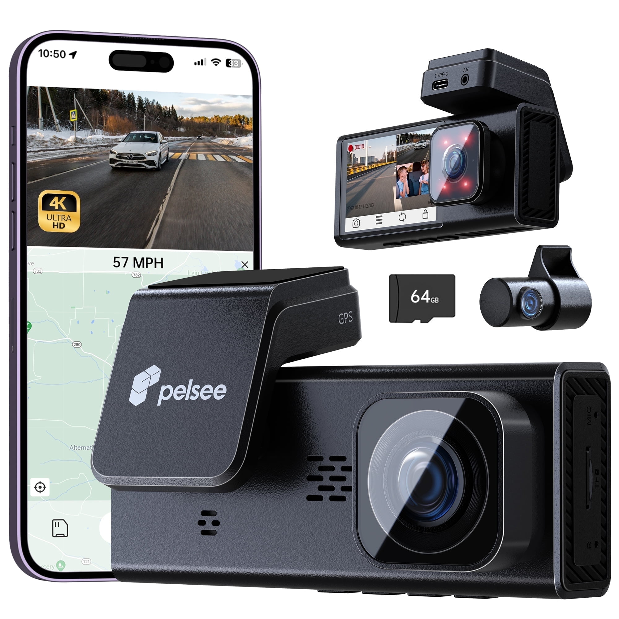 Pelsee 4K 3 Channel Dash Cam Front and Rear Inside,4K+1080P+1080P Dashcam with APP & Wi-Fi, 64GB Card Included, Smart Driving System ADAS, 24H Parking Mode