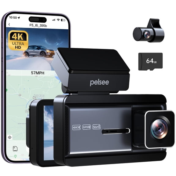 Pelsee 4K Dash Cam Front and Rear, 64GB SD Card, Dual Dash Camera for Cars with Wi-Fi, GPS, ADAS, BSD, LCA, 3 IPS Display Car Camera, APP & Voice Control, Night Vision, 24H Parking Mode