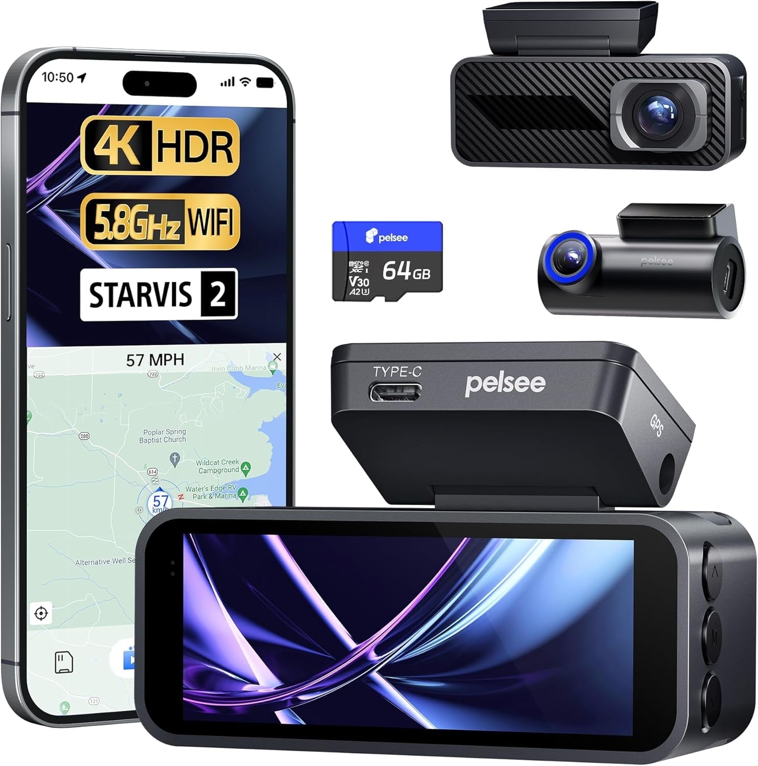 Pelsee P1 Pro Dash Cam Front and Rear, STARVIS 2 Sensor, 64GB Card, with Full-Color Night Vision, HDR WDR, ADAS, GPS, WiFi & Voice Control, 24H Parking Mode, 3.39" Screen