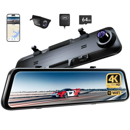 Pelsee P12 Plus 4K Rear View Mirror Camera with ADAS and BSD, 64GB Card Included, 5.8GHz WiFi Mirror Dash Cam Front and Rear, GPS, WDR Night Vision, Voice Control, 12" Display