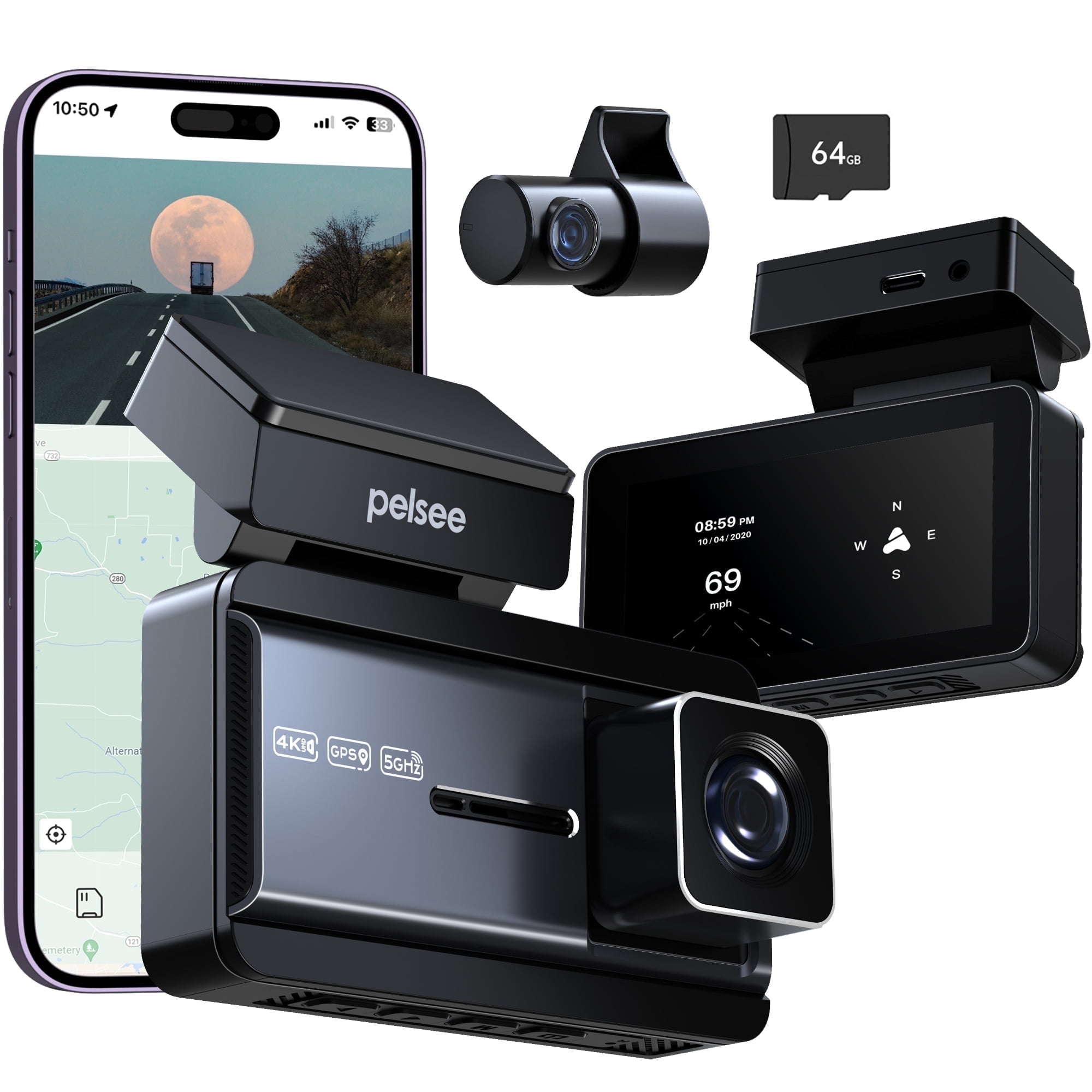 Pelsee P3 4K Dash Cam Front and Rear, 64GB SD Card, 4K+1080P Dual Dash Camera for Cars with Wi-Fi, GPS, ADAS, BSD, LCA, 3 IPS Display Car Camera, APP & Voice Control, Night Vision, 24H Parking Mode