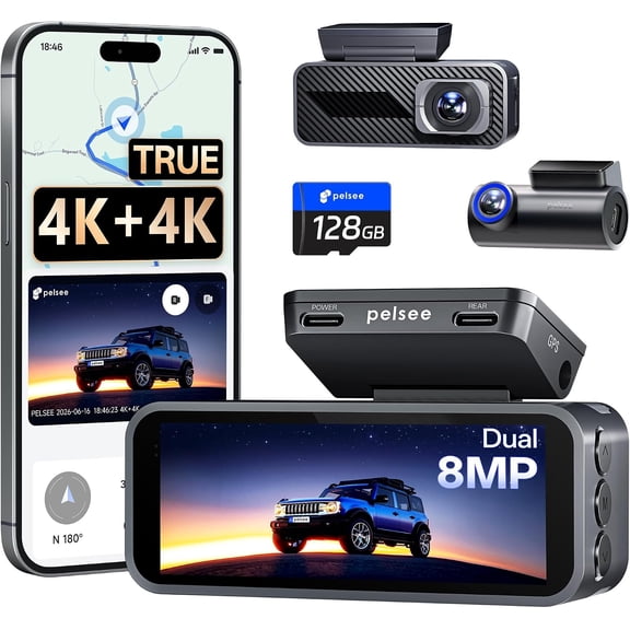 Pelsee S1 Pro Native 4K + 4K Dash Cam Front and Rear with 128GB Card, 8MP Dual HDR Car Camera, 5.8GHz WiFi 6, GPS, Voice Control, Full Color Night Vision, 24H Parking Mode