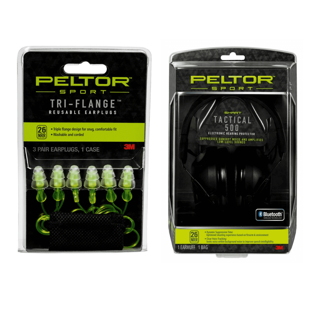 Peltor Sport Safety Bundle: Tri-Flange Earplugs 3 Pack, NRR 26 dB with Tactical 500 Electronic Earmuffs, Bluetooth, NRR 26 dB - Walmart.com Peltor Sport Safety Bundle: Tri-Flange Earplugs 3 Pack, NRR 26 dB with Tactical 500 Electronic Earmuffs, Bluetooth, NRR 26 dB - Walmart.com