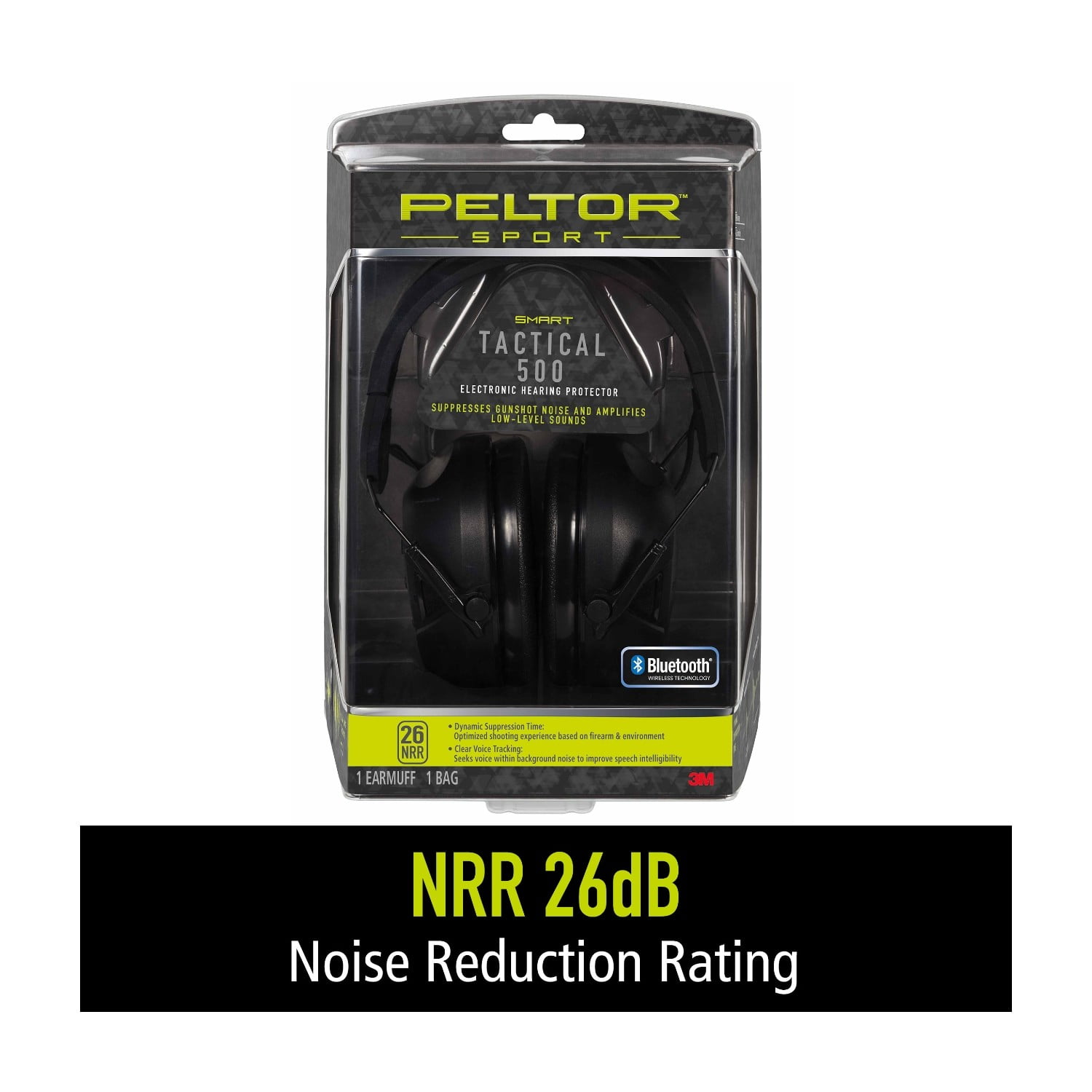 Peltor Sport Tactical 500 Electronic Hearing Protection Earmuffs, Bluetooth-Enabled, Black, NRR 26 dB