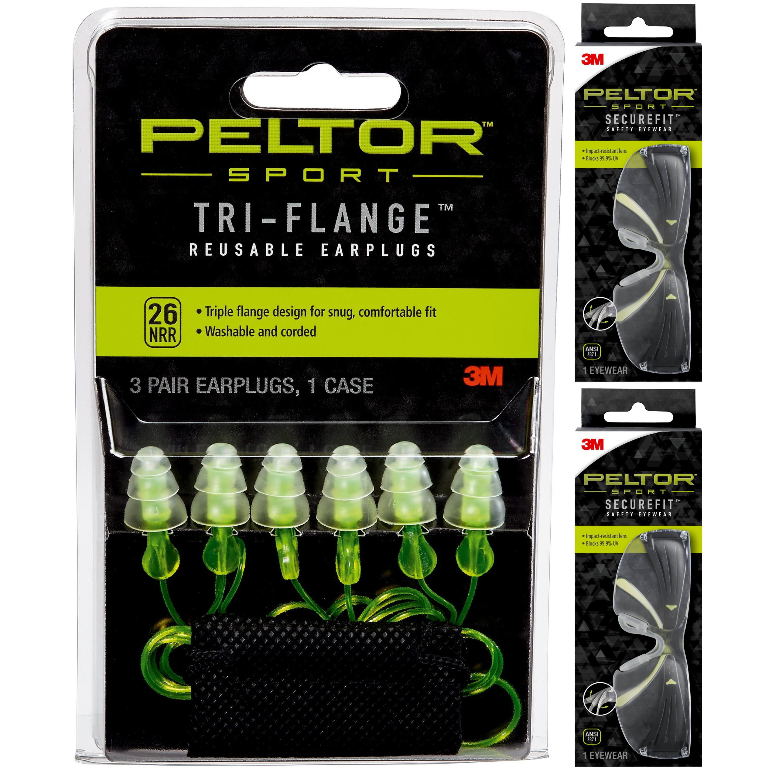 Peltor Sport Tri-Flange Corded Reusable Earplugs, Neon Yellow, NRR 26 dB, 3 Pairs with Peltor Sport SecureFit Safety Eyewear, Black/Green Frame, Clear Polycarbonate Anti-Fog Lens, 2 Pairs