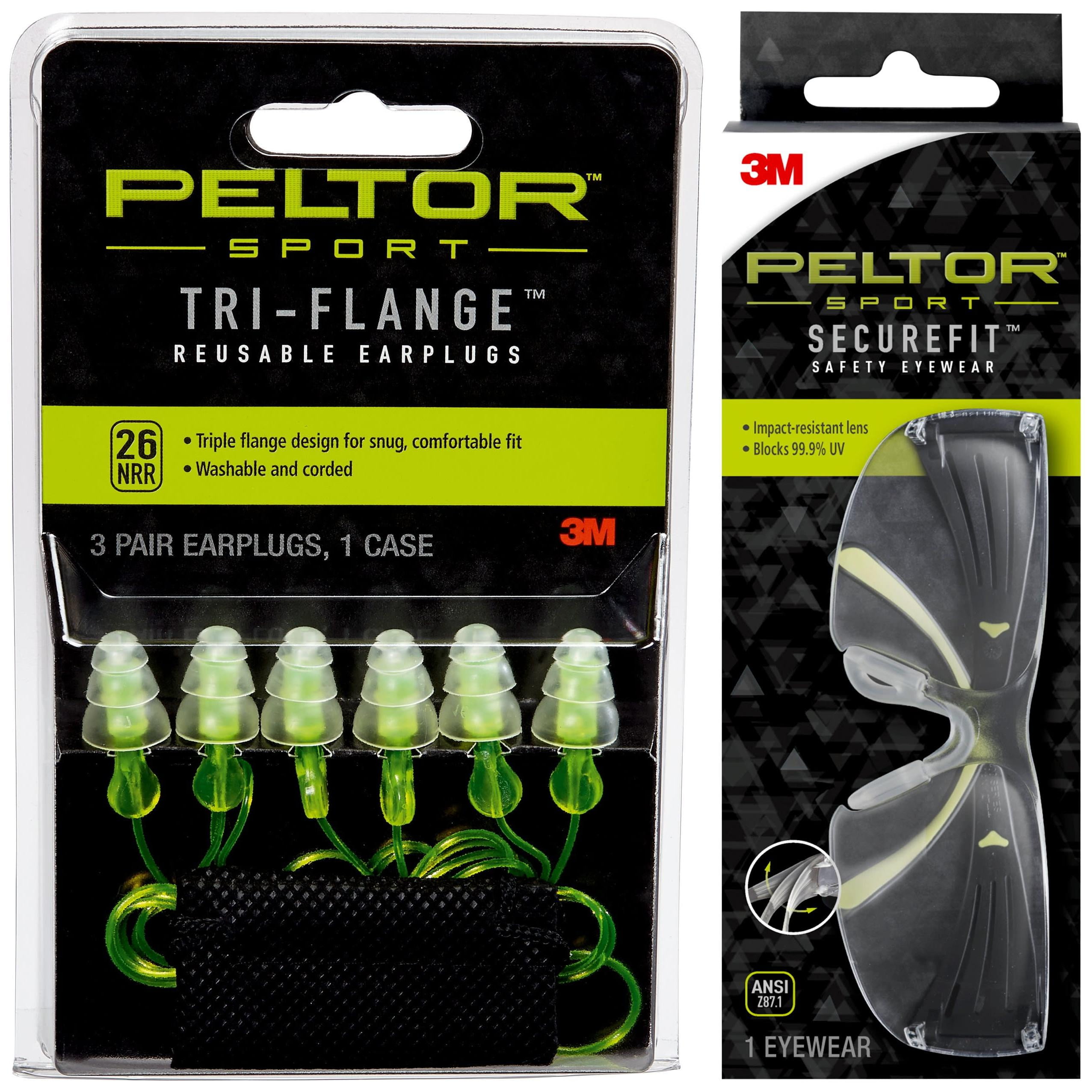Peltor Sport Tri Flange Corded Reusable Earplugs Neon Yellow NRR 26 dB 3 Pairs with Peltor Sport SecureFit Safety Eyewear Black Green Frame Clear Polycarbonate Anti Fog Lens 1 Pair Walmart