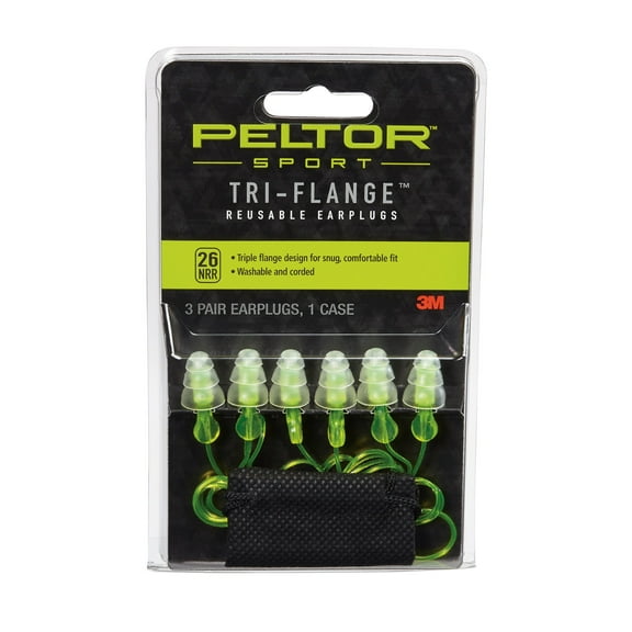Peltor Sport Tri-Flange Corded Reusable Earplugs, Neon Yellow, NRR 26 dB, 3 Pairs