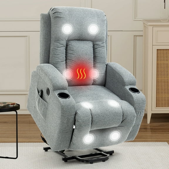 Trustyue Manual Lift Recliner Chair for Elderly with Massage & Heat, Oversized Heavy Duty 350 lbs Recliner with Cup Holders & USB Ports, Infinite Positioning (Linen Fabric, Gray)
