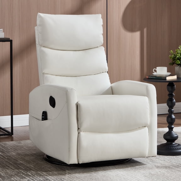 Trustyue Manual Recliner Chair with Heat & Vibration Massage, 360° Swivel Rocker Recliner with 155° Recline and Lumbar Heat, Compact Recliner for Living Room & Small Spaces (Leather, White)