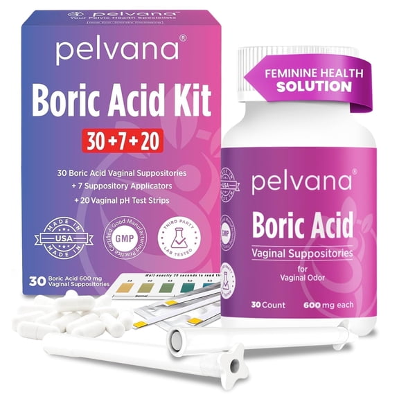 Pelvana Boric Acid Vaginal Suppositories, 30 Count with Applicators and pH Test Strips