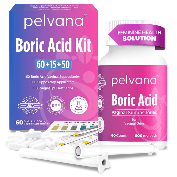 Pelvana Boric Acid Suppositories - 60 Count + 15 Applicators + 50 pH Tests - 125 Piece Kit