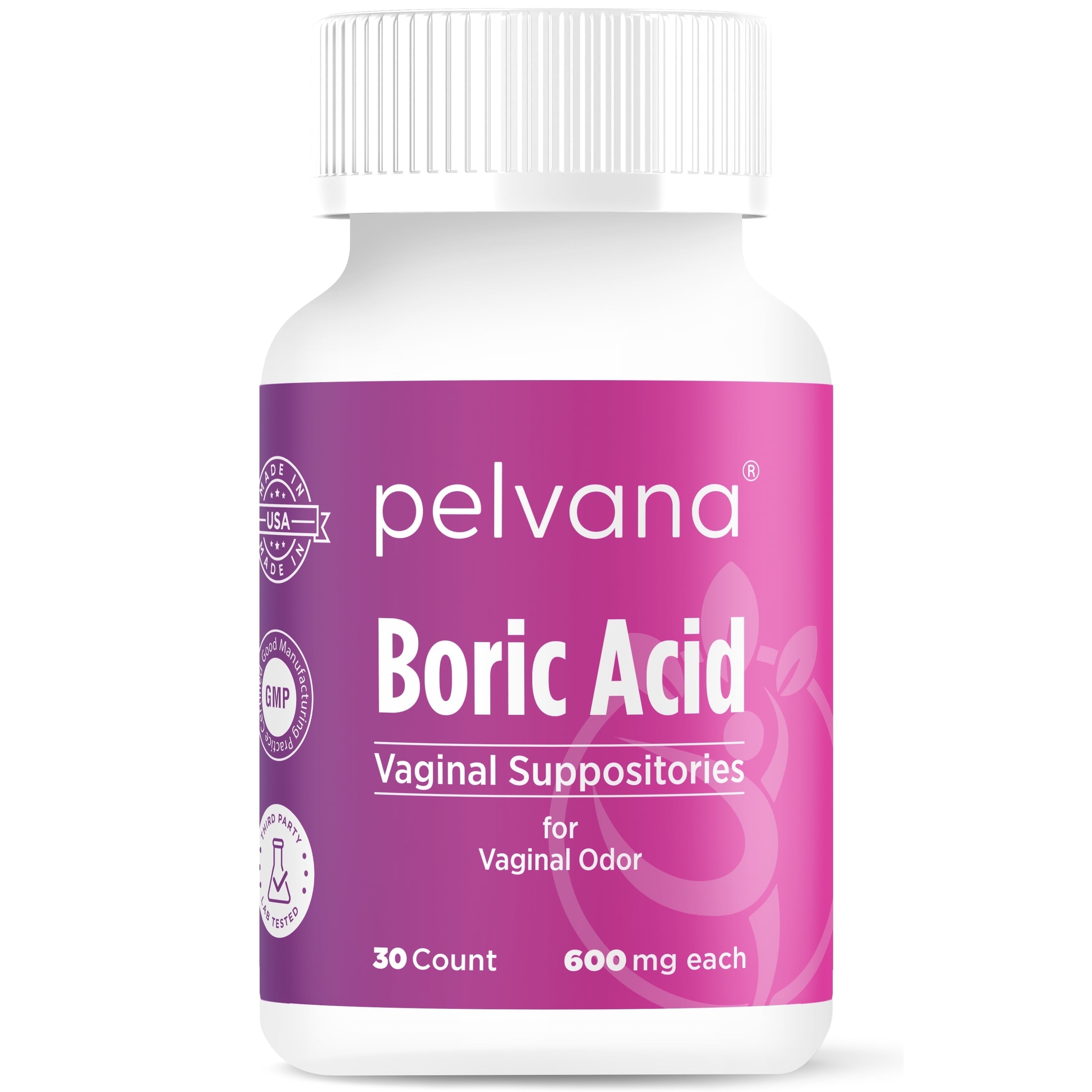 Pelvana Boric Acid Vaginal Suppositories for Women 30 Count Made in The USA & Third-party Lab Tested