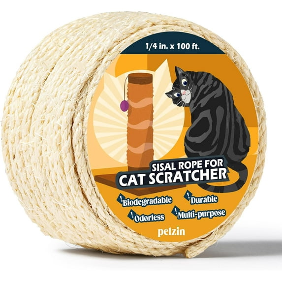 Pelzin Natural Sisal Rope for Cat Scratcher 1/4 Inch by 100 Feet, Cat Tree Rope Twine for Cat Scratching Post Replacement, Cat Tower with Scratch Post Repairing, Replace, Recovering and DIY, White