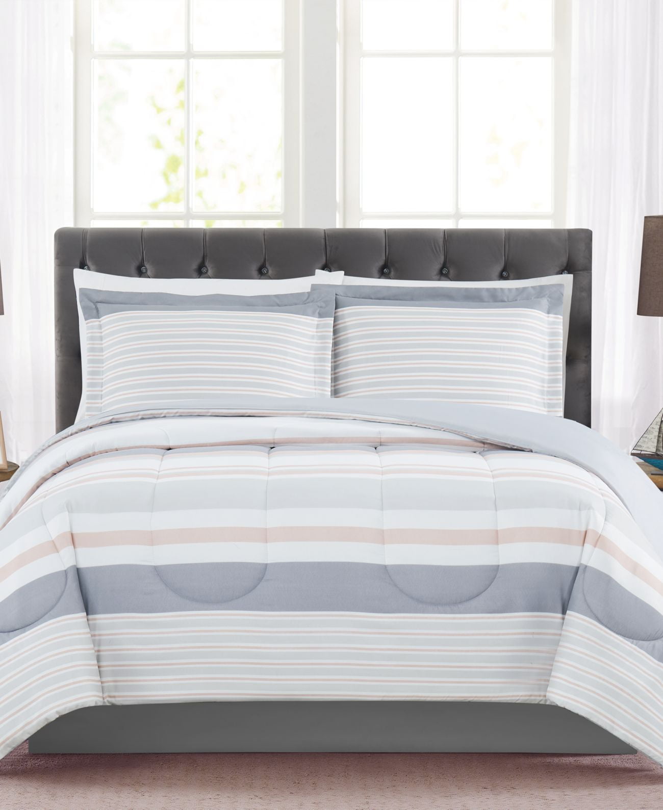 Blush and Gray Reversible Stripe Twin Comforter Set