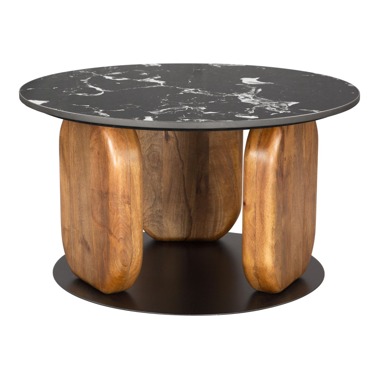 Pemba Round Black Marble Top Coffee Table with Mango Wood Legs