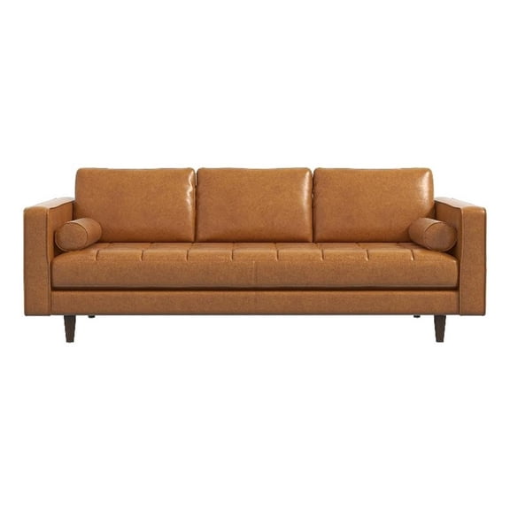 Pemberley Row Genuine Aniline Leather Tan Sofa Rectangular Mid-Century 88" Unassembled