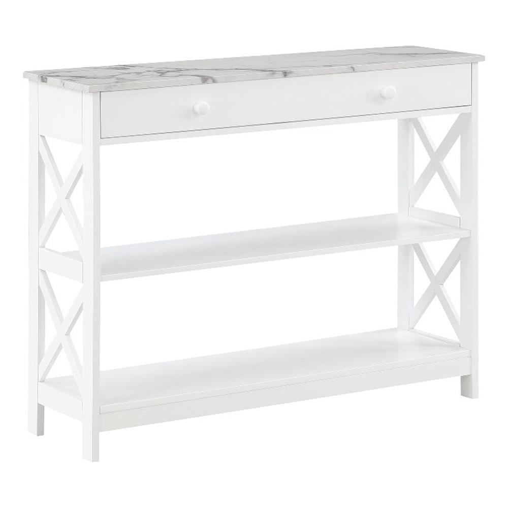 Pemberly Row 1-Drawer Console Table w/ Shelves in White Wood w/ Faux ...