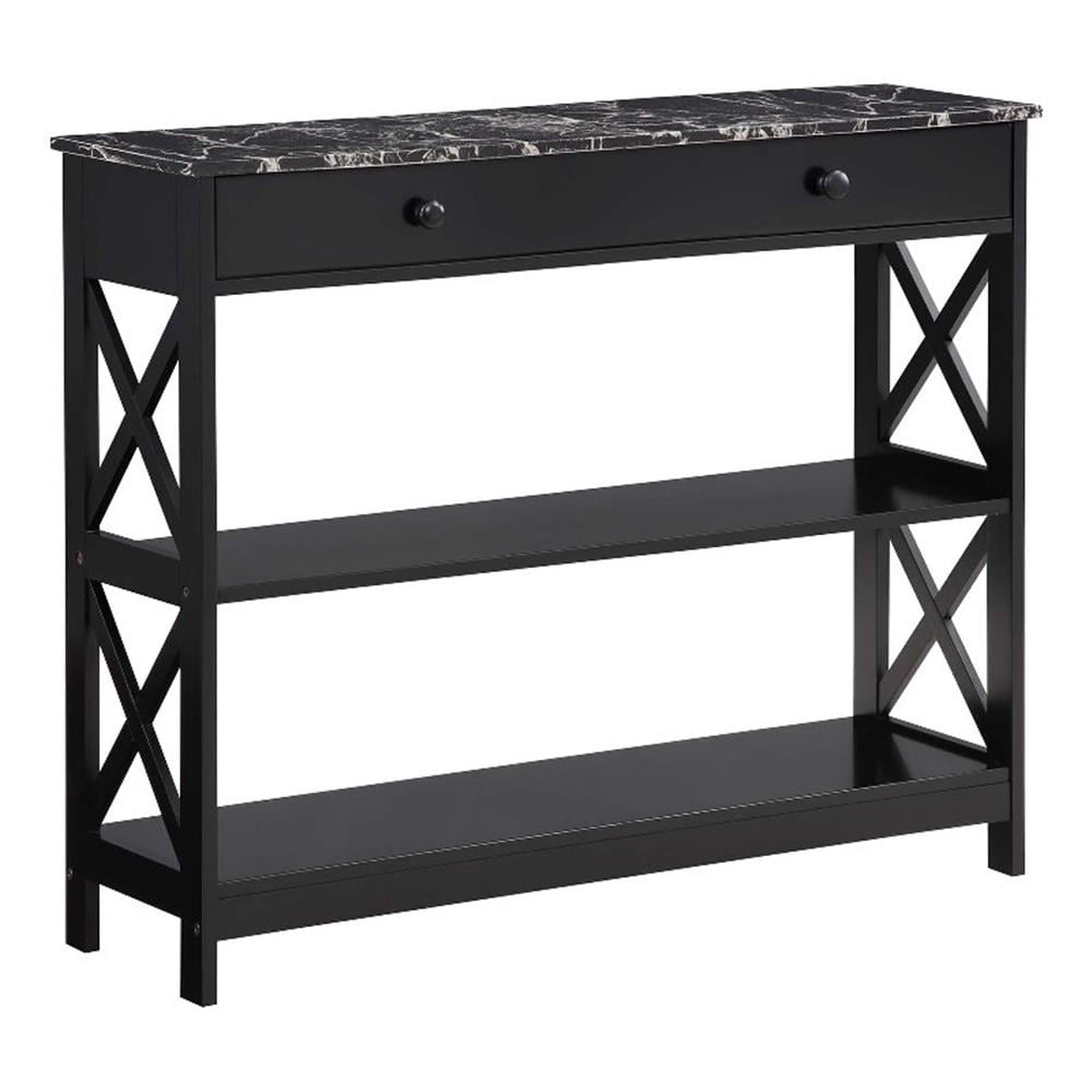 Pemberly Row 1-Drawer Console Table with Shelves in Black Wood & Faux ...