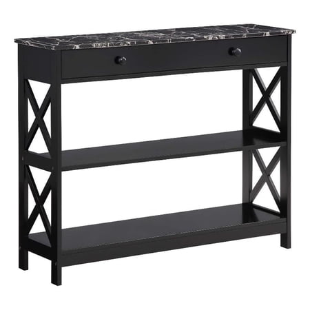 Pemberly Row 1-Drawer Console Table with Shelves in Black Wood & Faux Marble Top