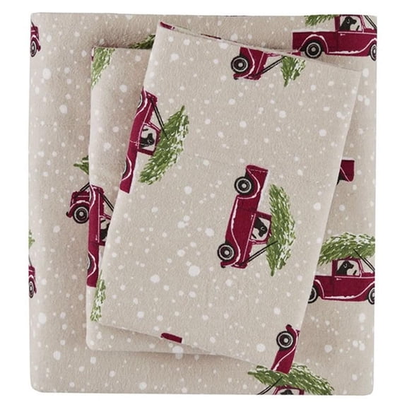 Pemberly Row 100 Percent Cotton Flannel Printed Sheet Set in Tan Cars