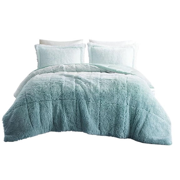 Pemberly Row 104" 3-Pc Shaggy Long Fur Fabric Comforter Mini Set in Blue